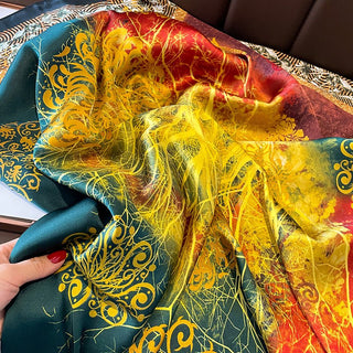 Retro Design Tropical Floral Printed Colorful Satin Silk Scarf
